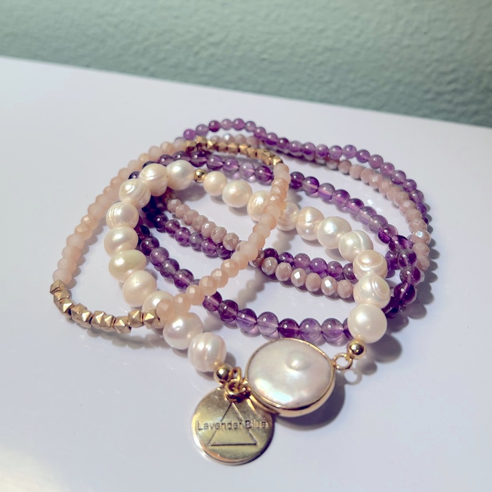 Lavender Blue Brand Pearl and Amethyst Bracelet Stack
